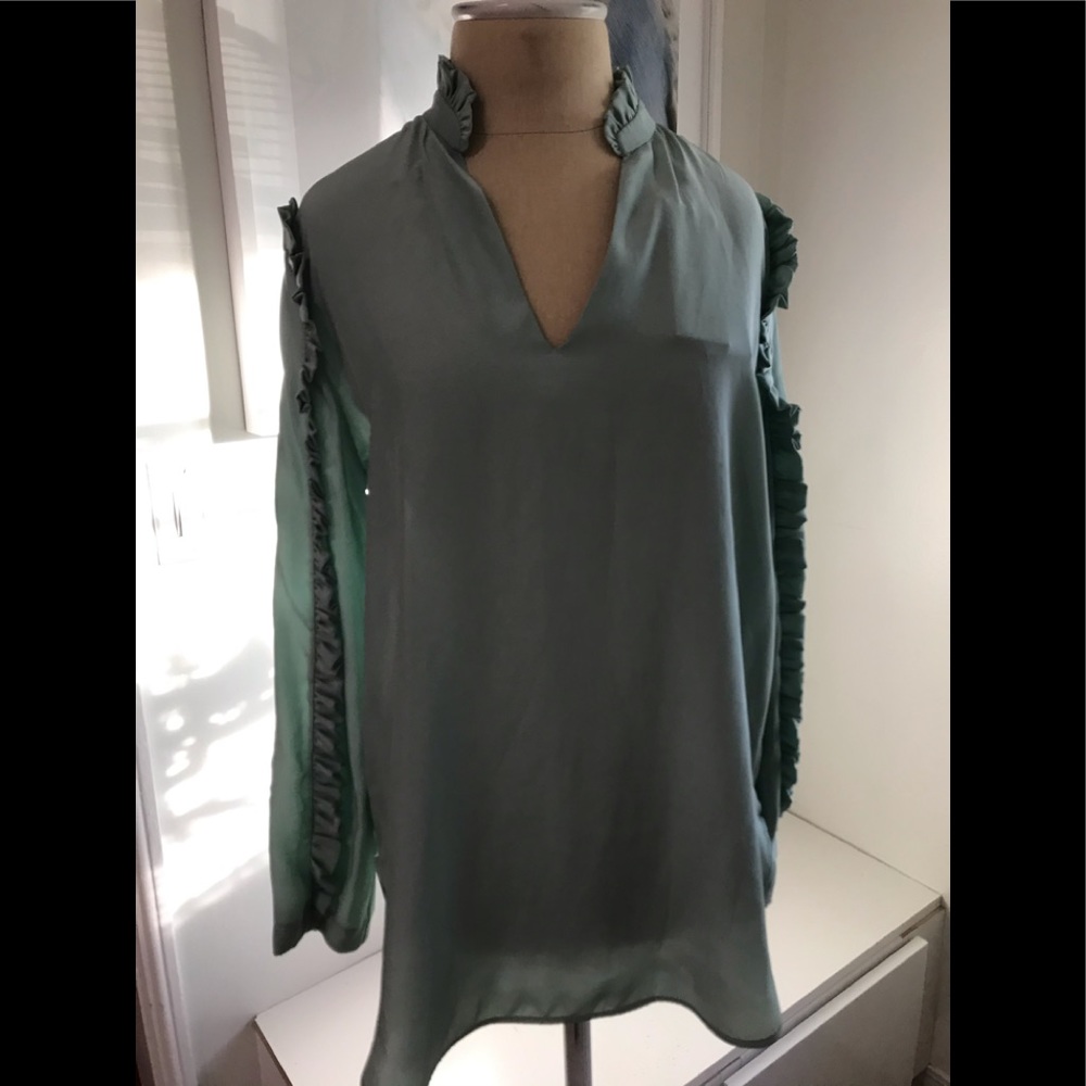 Sandro Green Silk Ruffled Blouse